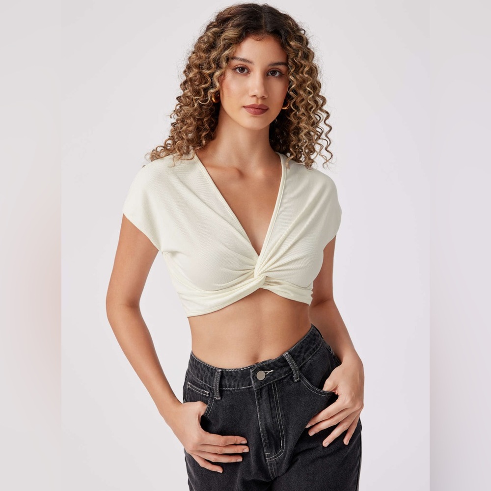 Baby Blue V-Neck Short Sleeve Ultra Mini Crop Top w/ Front Twist